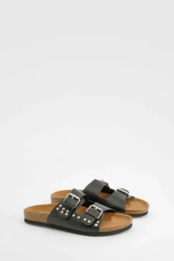 Sandals*boohoo Wide Fit Stud And Buckle Detail Footbed Sliders black