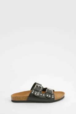 Sandals*boohoo Wide Fit Stud And Buckle Detail Footbed Sliders black