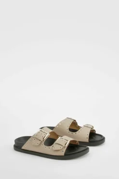 Sandals*boohoo Wide Fit Stud Detail Double Strap Buckle Sliders taupe