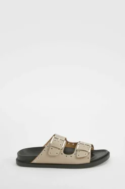 Sandals*boohoo Wide Fit Stud Detail Double Strap Buckle Sliders taupe