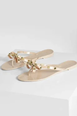 Sandals*boohoo Wide Fit Studded Bow Jelly Flip Flop nude