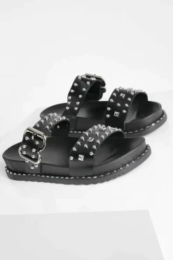 Sandals*boohoo Wide Fit Studded Detail Double Strap Slider black