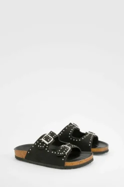 Sandals*boohoo Wide Fit Studded Double Buckle Footbed Sliders black