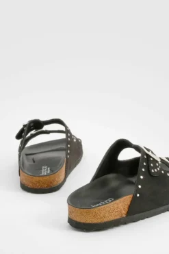 Sandals*boohoo Wide Fit Studded Double Buckle Footbed Sliders black