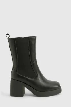 Calf High Boots|Chunky Boots*boohoo Wide Fit Tab Detail Chunky Calf High Boots black