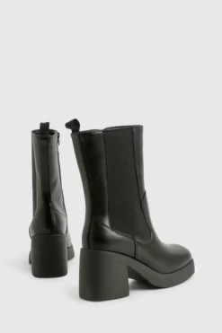 Calf High Boots|Chunky Boots*boohoo Wide Fit Tab Detail Chunky Calf High Boots black