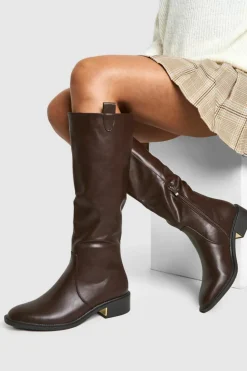 Over The Knee Boots|Knee High Boots*boohoo Wide Fit Tab Detail Knee High Boot brown