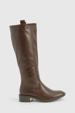 Over The Knee Boots|Knee High Boots*boohoo Wide Fit Tab Detail Knee High Boot brown