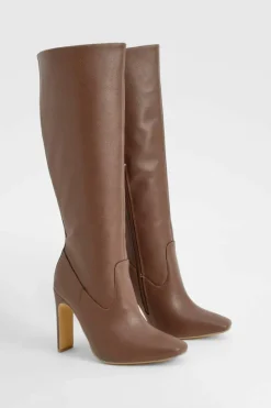 Over The Knee Boots|Knee High Boots*boohoo Wide Fit Textured Knee High Boots chocolate