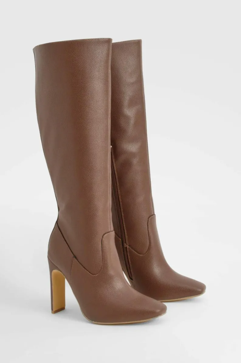 Over The Knee Boots|Knee High Boots*boohoo Wide Fit Textured Knee High Boots chocolate