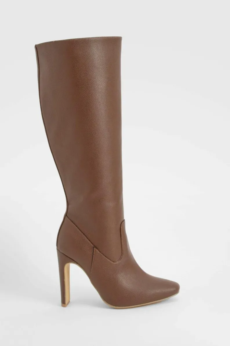 Over The Knee Boots|Knee High Boots*boohoo Wide Fit Textured Knee High Boots chocolate