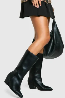 Heels|Calf High Boots*boohoo Wide Fit Textured Low Block Calf High Western Boots black