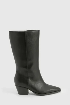 Heels|Calf High Boots*boohoo Wide Fit Textured Low Block Calf High Western Boots black