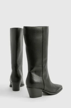 Heels|Calf High Boots*boohoo Wide Fit Textured Low Block Calf High Western Boots black