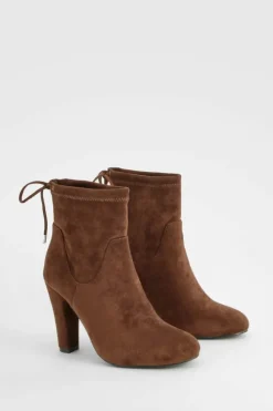 Heels|Heeled Boots*boohoo Wide Fit Tie Back Block Heel Sock Boots chocolate