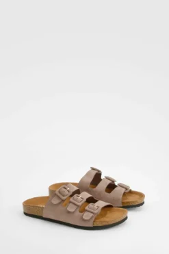 Sandals*boohoo Wide Fit Triple Strap Footbed Sliders taupe