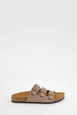 Sandals*boohoo Wide Fit Triple Strap Footbed Sliders taupe