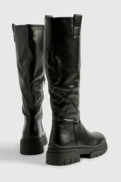 Over The Knee Boots|Knee High Boots*boohoo Wide Fit Wave Sole Knee High Boots black