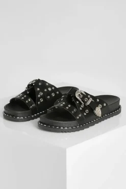 Sandals*boohoo Wide Fit Western Buckle Slider black