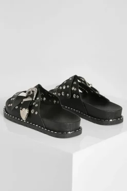 Sandals*boohoo Wide Fit Western Buckle Slider black