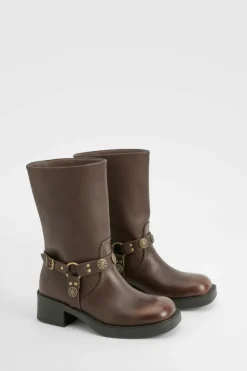 Cowboy Boots*boohoo Wide Fit Western Style Buckle Detail Boots brown