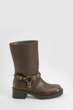 Cowboy Boots*boohoo Wide Fit Western Style Buckle Detail Boots brown