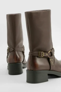 Cowboy Boots*boohoo Wide Fit Western Style Buckle Detail Boots brown