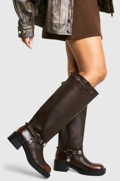 Cowboy Boots|All Boots*boohoo Wide Fit Western Style Buckle Detail Knee High Boots brown