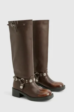 Cowboy Boots|All Boots*boohoo Wide Fit Western Style Buckle Detail Knee High Boots brown