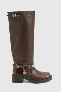 Cowboy Boots|All Boots*boohoo Wide Fit Western Style Buckle Detail Knee High Boots brown