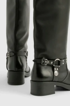Cowboy Boots|All Boots*boohoo Wide Fit Western Style Buckle Detail Knee High Boots black