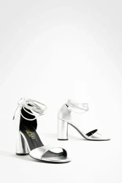 Heels*boohoo Wide Fit Wrap Up Block Heels silver