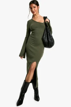 Long Sleeve Dresses|Long Sleeve Dresses*boohoo Wide Rib Asymmetric Neck Midaxi Dress dark olive