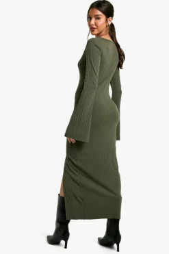 Long Sleeve Dresses|Long Sleeve Dresses*boohoo Wide Rib Asymmetric Neck Midaxi Dress dark olive