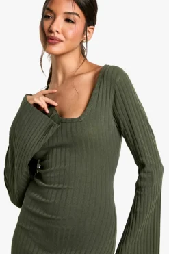 Long Sleeve Dresses|Long Sleeve Dresses*boohoo Wide Rib Asymmetric Neck Midaxi Dress dark olive