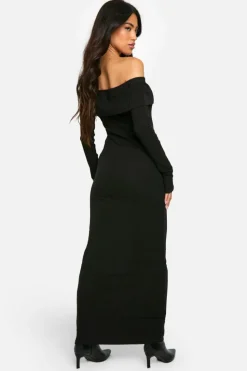 Maxi Dresses*boohoo Wide Rib Bardot Maxi Dress black