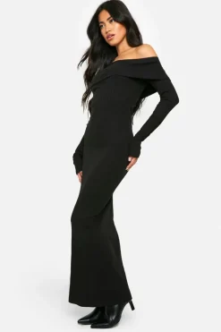 Maxi Dresses*boohoo Wide Rib Bardot Maxi Dress black