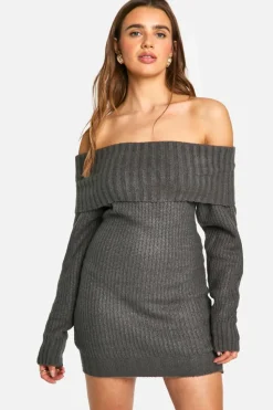 Mini Dresses|Jumper Dresses*boohoo Wide Rib Bardot Neckline Mini Jumper Dress charcoal