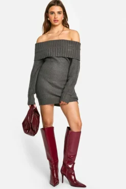 Mini Dresses|Jumper Dresses*boohoo Wide Rib Bardot Neckline Mini Jumper Dress charcoal