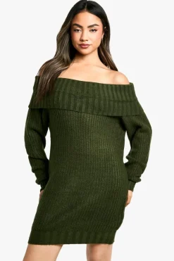 Jumper Dresses|Jumper Dresses*boohoo Wide Rib Bardot Neckline Mini Jumper Dress forest