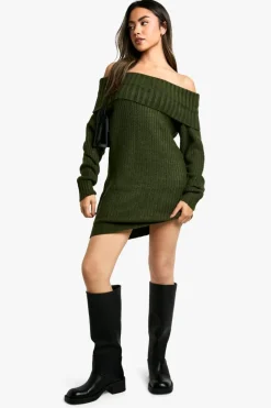 Jumper Dresses|Jumper Dresses*boohoo Wide Rib Bardot Neckline Mini Jumper Dress forest