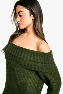 Jumper Dresses|Jumper Dresses*boohoo Wide Rib Bardot Neckline Mini Jumper Dress forest