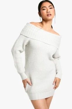Mini Dresses|Jumper Dresses*boohoo Wide Rib Bardot Neckline Mini Jumper Dress grey