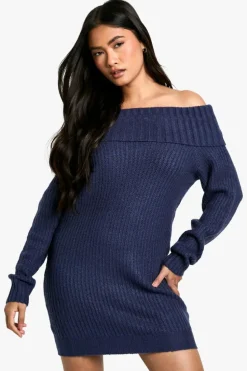 Jumper Dresses|Jumper Dresses*boohoo Wide Rib Bardot Neckline Mini Jumper Dress navy