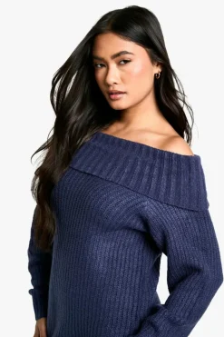 Jumper Dresses|Jumper Dresses*boohoo Wide Rib Bardot Neckline Mini Jumper Dress navy