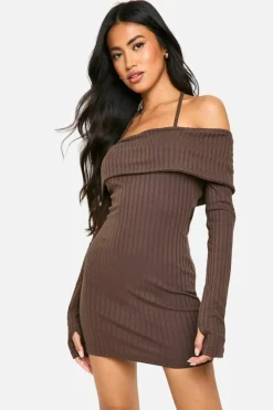 Bodycon Dresses*boohoo Wide Rib Bardot Tie Mini Dress chocolate