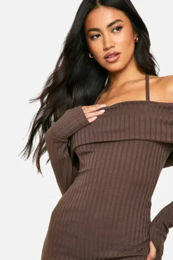 Bodycon Dresses*boohoo Wide Rib Bardot Tie Mini Dress chocolate