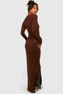 Jumper Dresses|Jumper Dresses*boohoo Wide Rib Crew Neck Knitted Maxi Dress brown