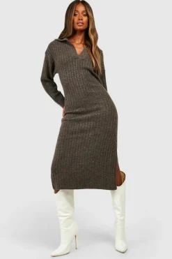 Jumper Dresses|Jumper Dresses*boohoo Wide Rib Knit Collared Soft Jumper Dress chocolate