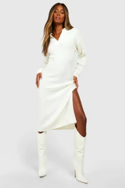 Jumper Dresses|Jumper Dresses*boohoo Wide Rib Knit Collared Soft Jumper Dress ecru